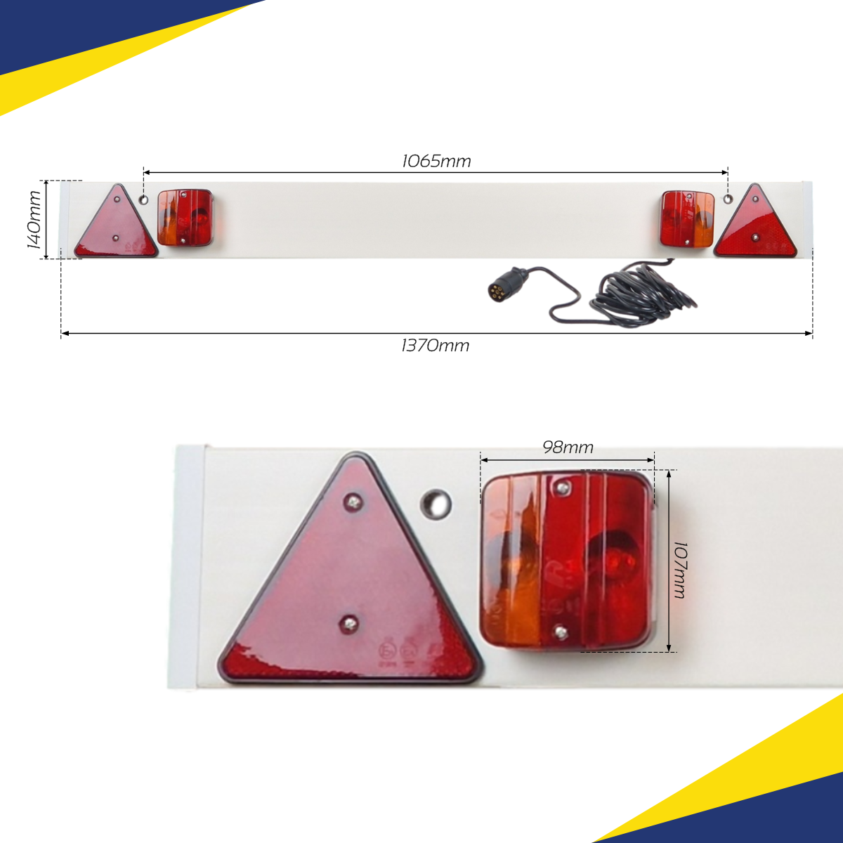 Trailer Light Board 4ft 6" – 12V 5-Function (Stop / Tail / Indicator / Reflector / Number Plate) with 7m Cable & 7-Pin Plug – Incandescent Bulbs