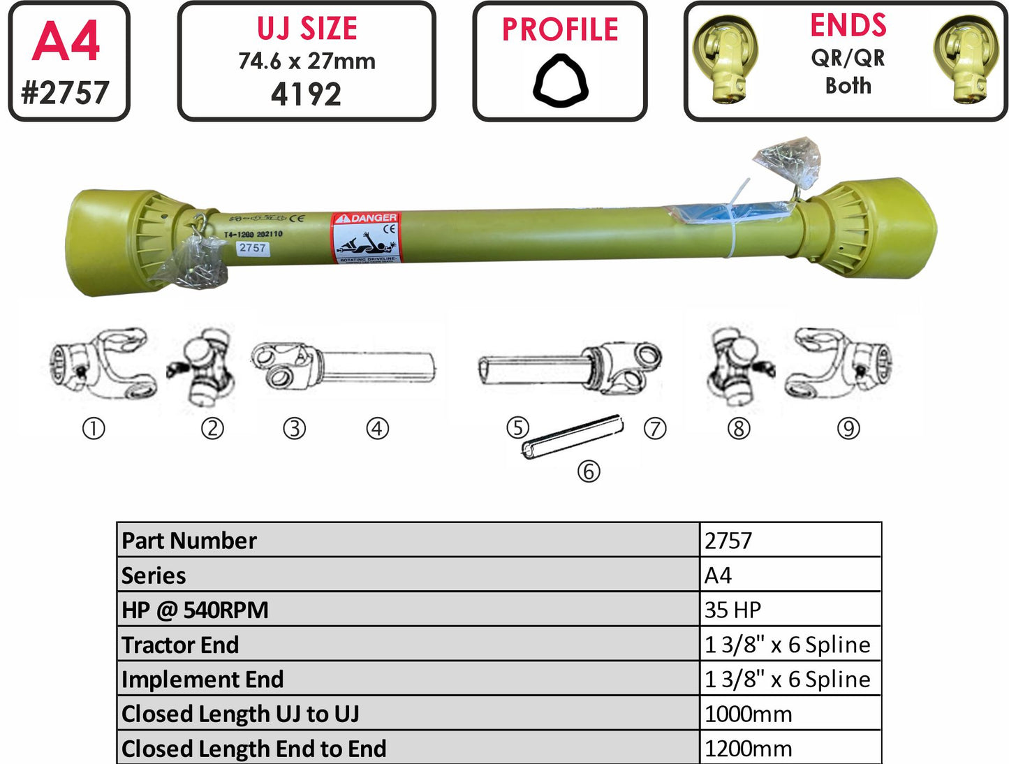 PTO Drive Shaft A4 1200mm 1 .3/8" x 6 Spline Quick Release Bell Tube 1200mm