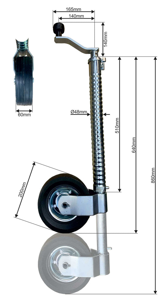 48mm Ribbed Jockey Wheel with Spring Clip – 500kg Load, 60x200mm Wheel, Height Adjustable for Trailers & Caravans – Includes Spare Wheel 5213