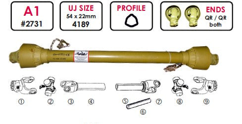 PTO Drive Shaft A1 610mm 1.3/8 x 6 Spline Quick Release Bell Tube 610-800mm