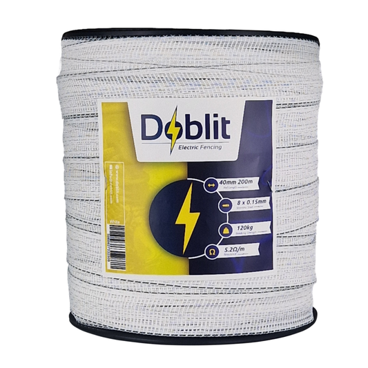 Doblit 40mm Poly Tape Electric Fence Horse Tape Fencing Conductor  - White 200m Roll