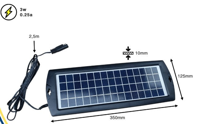3W Solar Trickle Charger for 12v Batteries. Weather Resistant, LED Indicator, 2.5m Lead with Clips