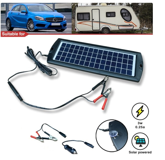 3W Solar Trickle Charger for 12v Batteries. Weather Resistant, LED Indicator, 2.5m Lead with Clips