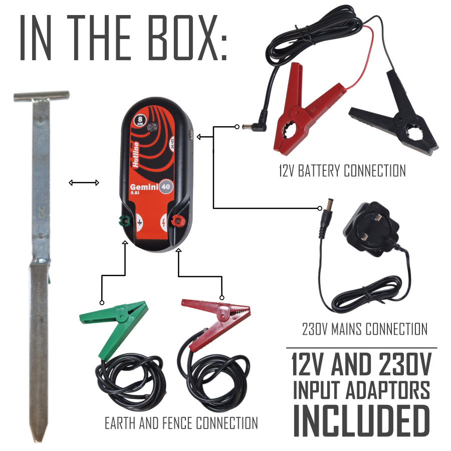 Hotline Gemini 40 Dual Power 8km 0.8J Electric Fence Energiser 230v & 12v Input