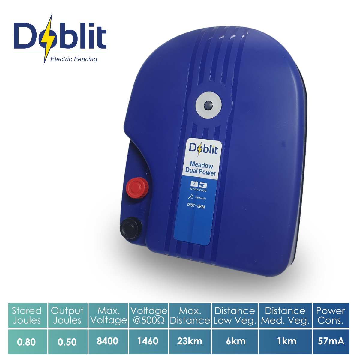 Doblit "Meadow" Dual Power Electric Fence Energiser 0.8J Up to 8km Mains & Battery Operated
