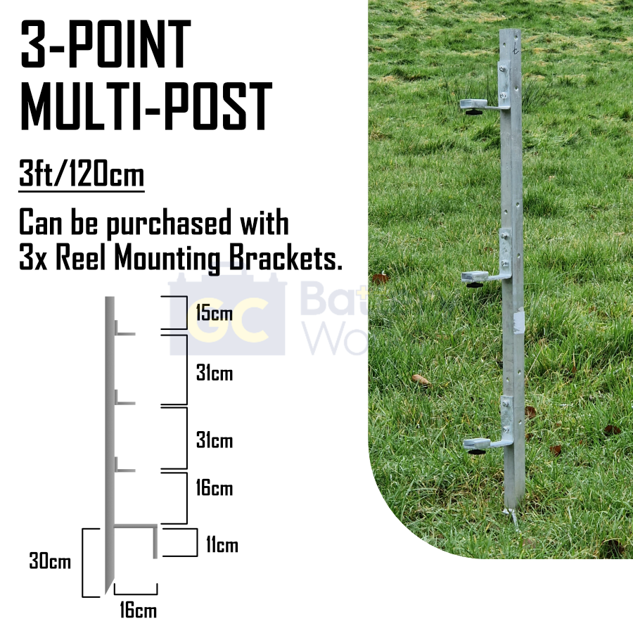 120cm 3-Reel Post - Steel Multi-Reel Mounting Post for up to 3 Reels Galvanised Thread-In Post w/ Reel Brackets