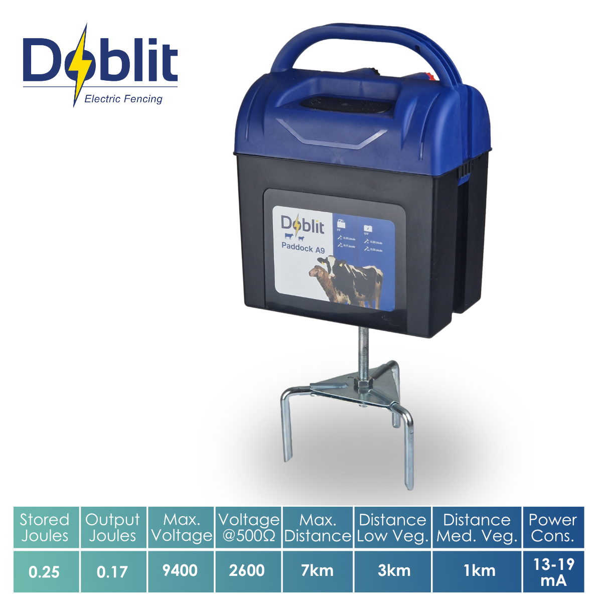 Doblit Paddock A9 9V 0.25J 7km Electric Fence Energiser 3 Year Warranty