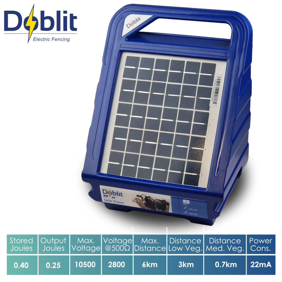 Doblit Solar Energiser 0.4J 2km Compact Solar Electric Fence Energiser - 5Year Warranty