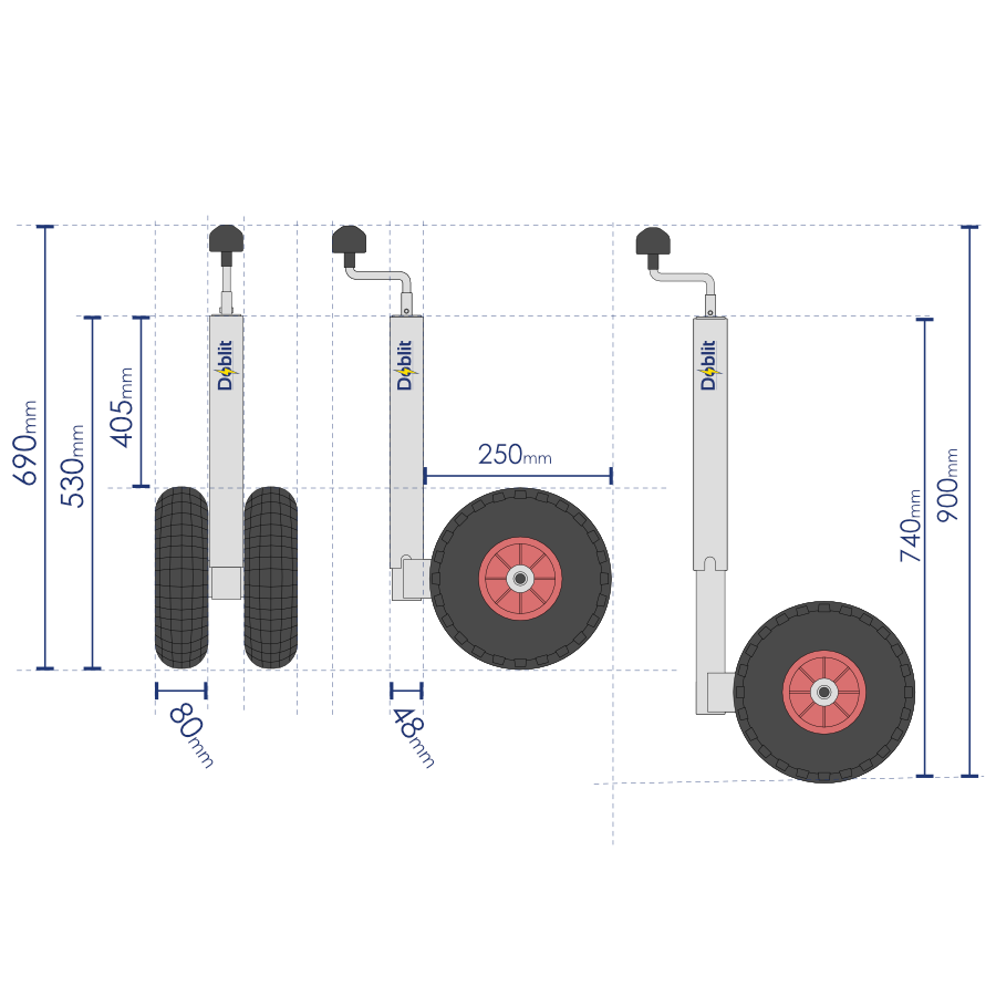 Jockey Wheel Telescopic Trailer Stand 48mm Tube Max Load 200kg w/ Twin Balloon Tyre