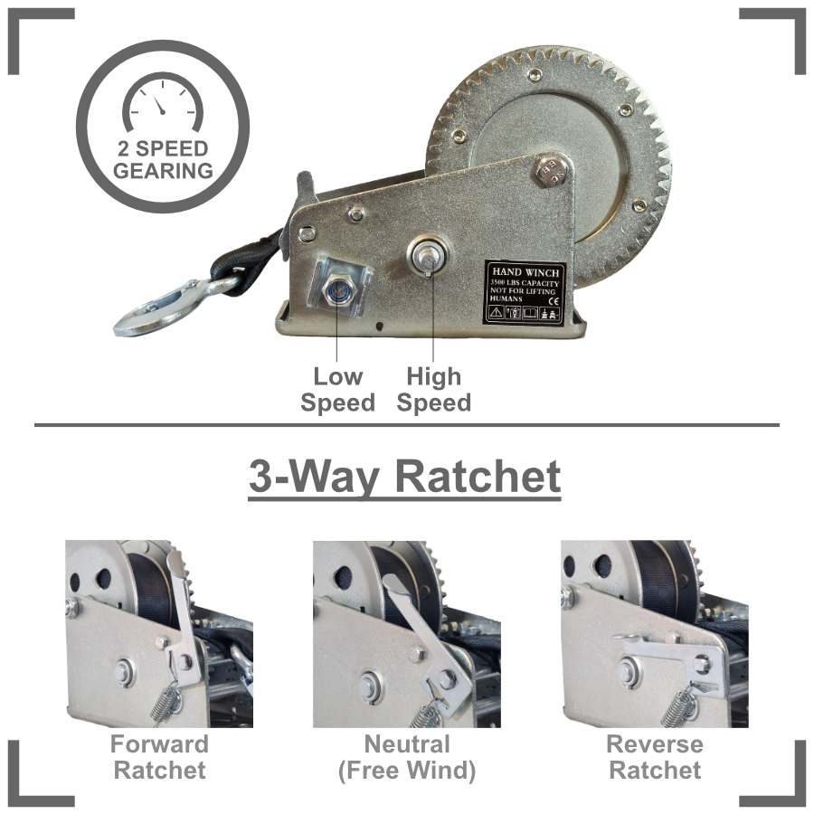 Hand Winch 3500lbs Load w/ 50mmx8m Strap - 2 Speed Heavy Duty Marine Winch Trailer Jet Ski