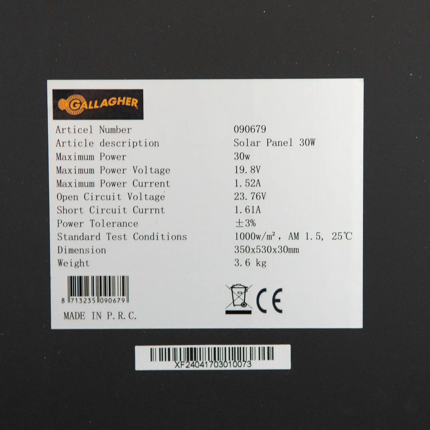Gallagher Solar panel 30w incl. regulator