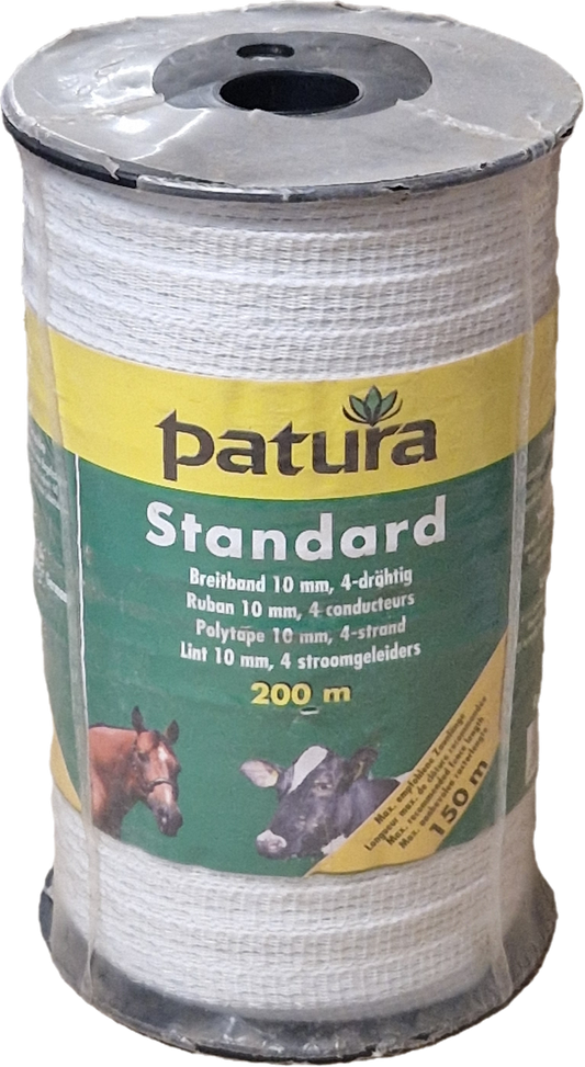 Patura Standard Polytape 10 mm, 200 m roll, White 4x0.16mm