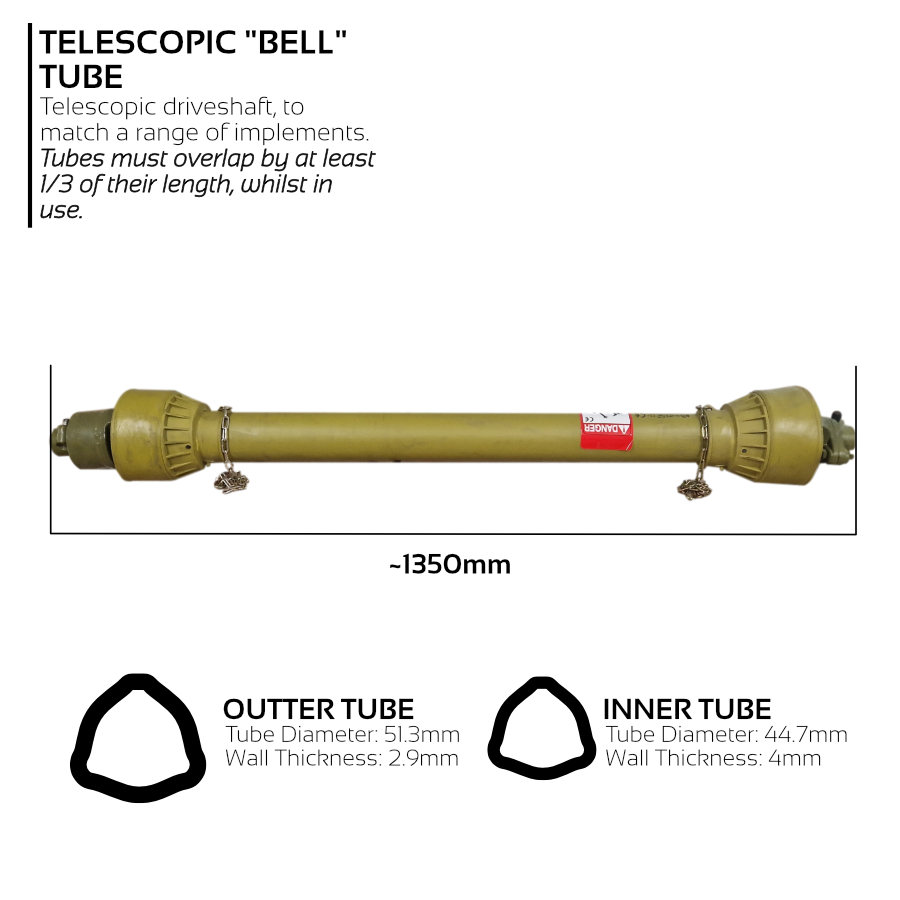 PTO A5 Drive Shaft 1 3/8 x 6 Quick Release Overrun & Shear Bolt Bell Tube 1350mm