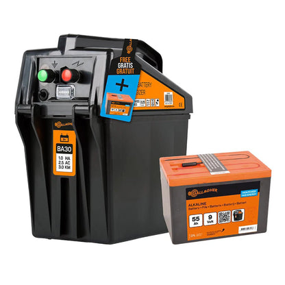 Gallagher Gallagher BA30 battery fence energiser (9V/12V) + Free Battery 55Ah