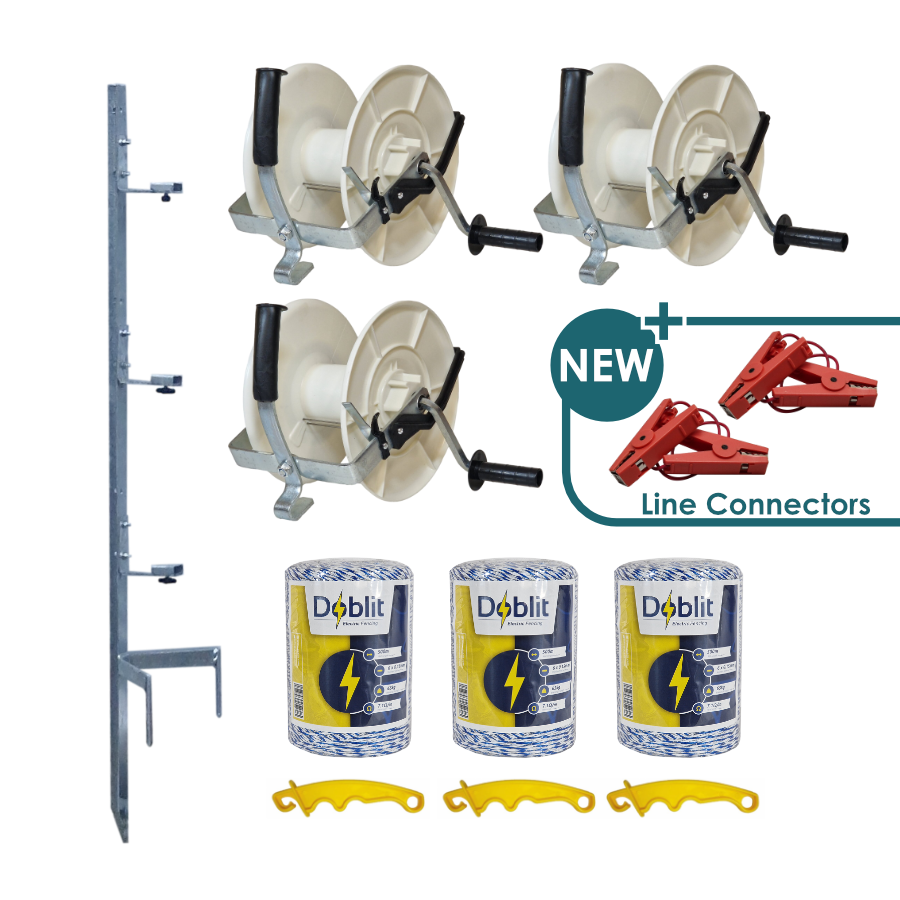 Doblit QuickFence 500m 3-Reel Electric Fencing Kit - 120cm Metal Post, 3x Large Geared Reels, 3x 500m Poly Wire & 3x InsulGrip Handles