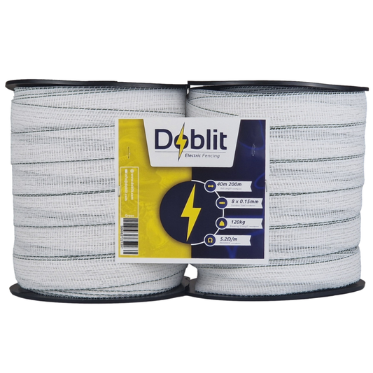 Doblit 40mm Poly Tape Electric Fence Horse Tape Fencing Conductor  - White 400m Twin Pack