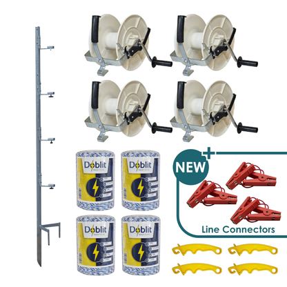 Doblit QuickFence 500m 4-Reel Electric Fencing Kit - 165cm Metal Post, 4x Large Geared Reels, 4x 500m Poly Wire & 4x InsulGrip Handles
