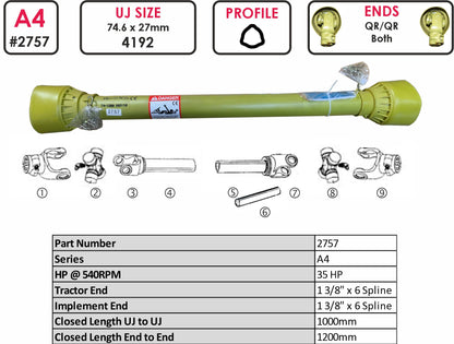 PTO Drive Shaft A4 1200mm 1 .3/8" x 6 Spline Quick Release Bell Tube 1200mm