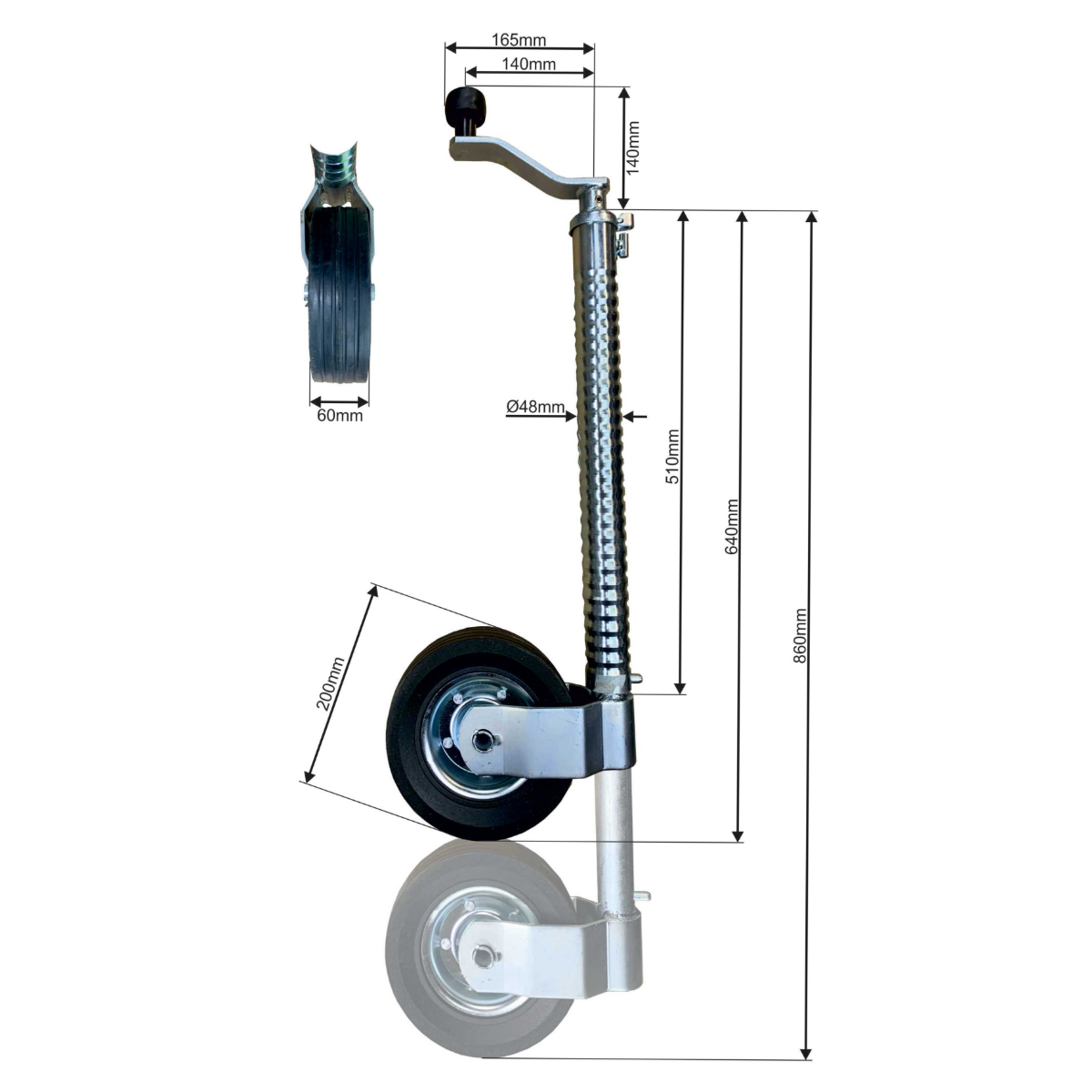 Jockey Wheel Heavy Duty Ribbed 48mm Tube Telescopic Trailer Stand Max Load 500kg with Spring Clip