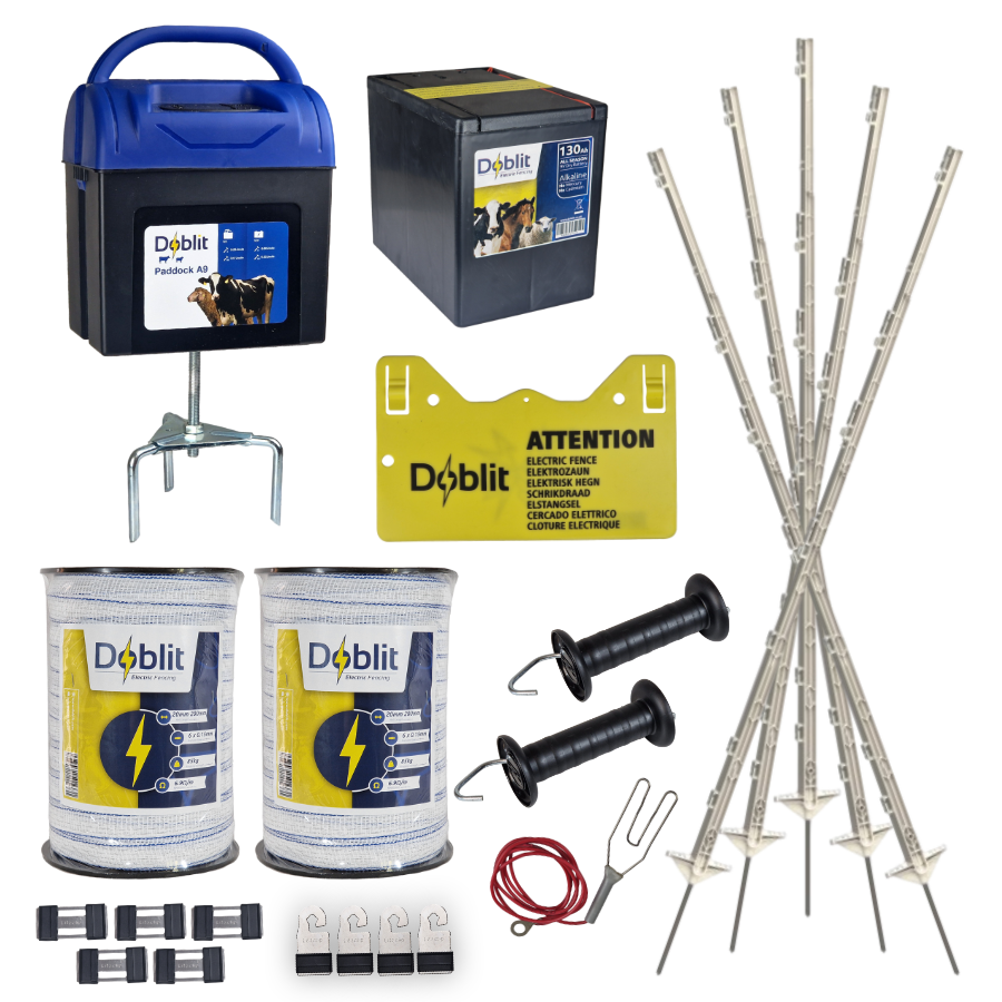 Doblit A9 Horse Fence Kit | 400m Fencing Bundle Includes 9v Energiser, Extra Tall Poly Posts, Poly Wire & Accessories