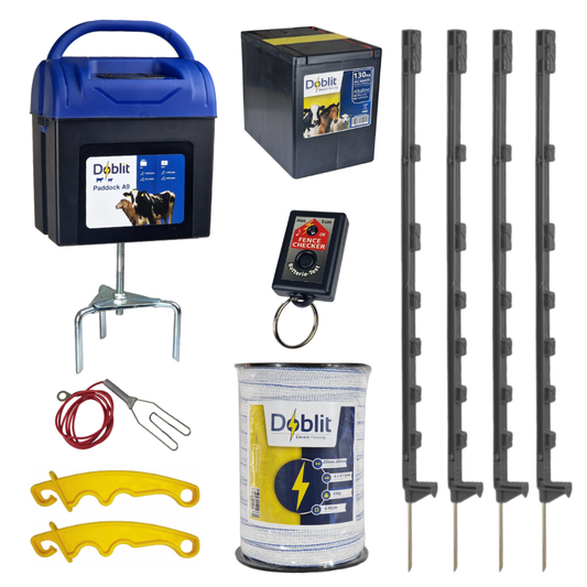 Doblit A9 Strip Grazing Kit | 200m Fencing Bundle Includes 9v Energiser, 105cm Poly Posts, Poly Wire & Accessories