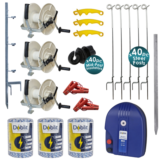 Doblit Quick Fence & Dual Power Energiser Kit inc. 40x Steel Pigtail Posts