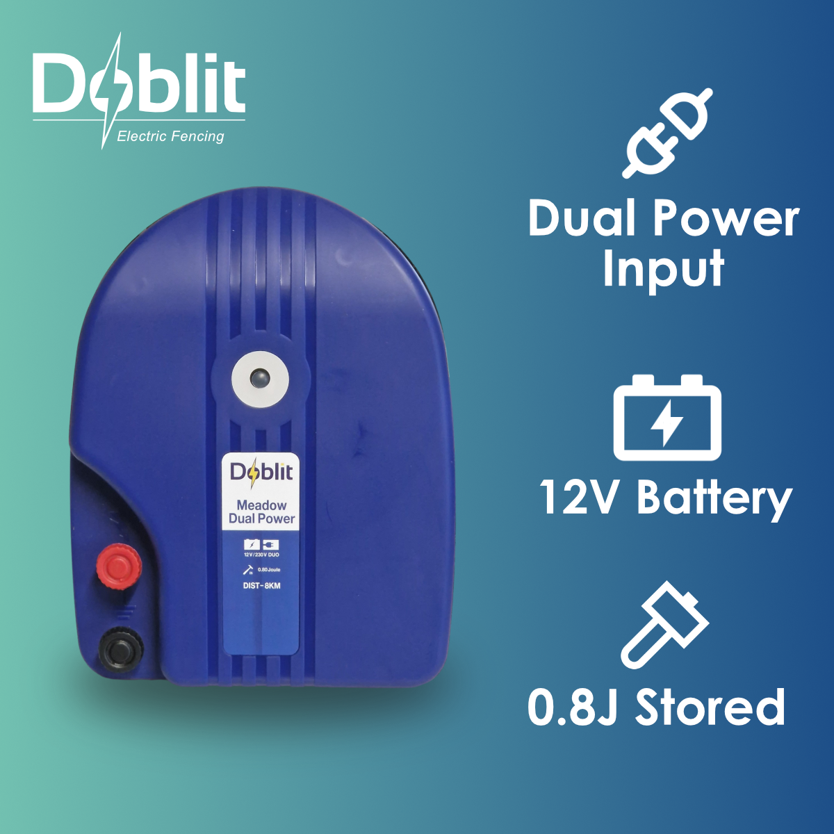 Doblit "Meadow" Dual Power Electric Fence Energiser 0.8J Up to 8km Mains & Battery Operated