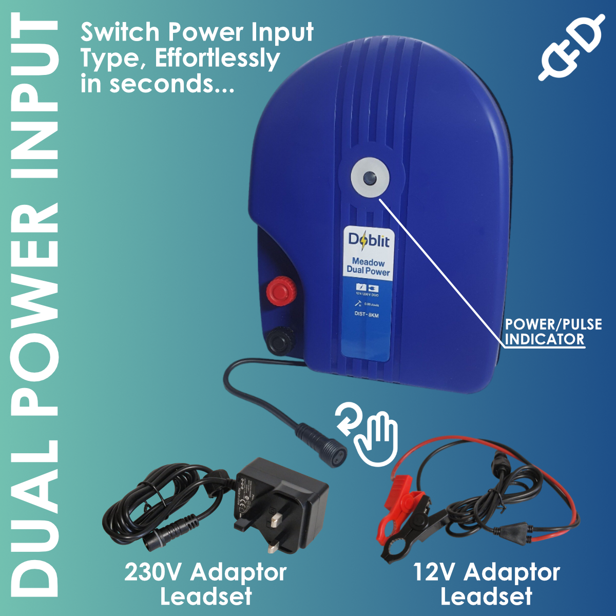 Doblit "Meadow" Dual Power Electric Fence Energiser 0.8J Up to 8km Mains & Battery Operated