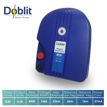 Doblit "Meadow" Dual Power 12v Battery & Mains Powered Electric Fence Energiser 0.8J inc. Self-Earthing Stand