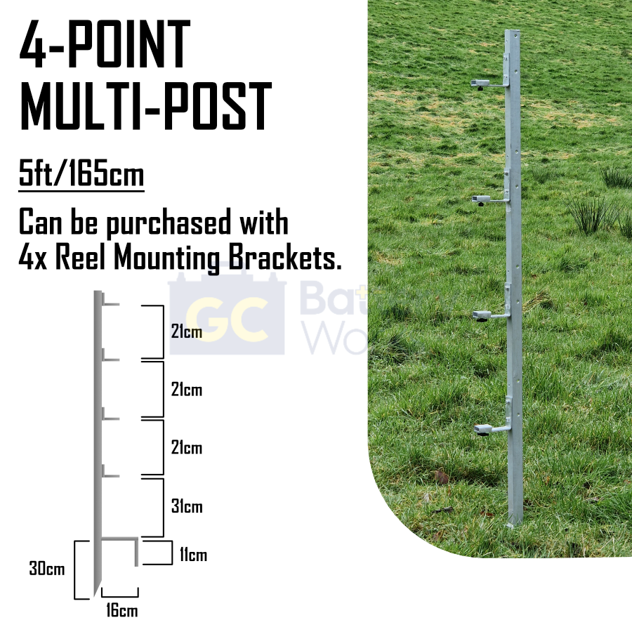 165cm 4-Reel Post - Steel Multi-Reel Mounting Post for up to 4 Reels Galvanised Thread-In Post w/ Reel Brackets