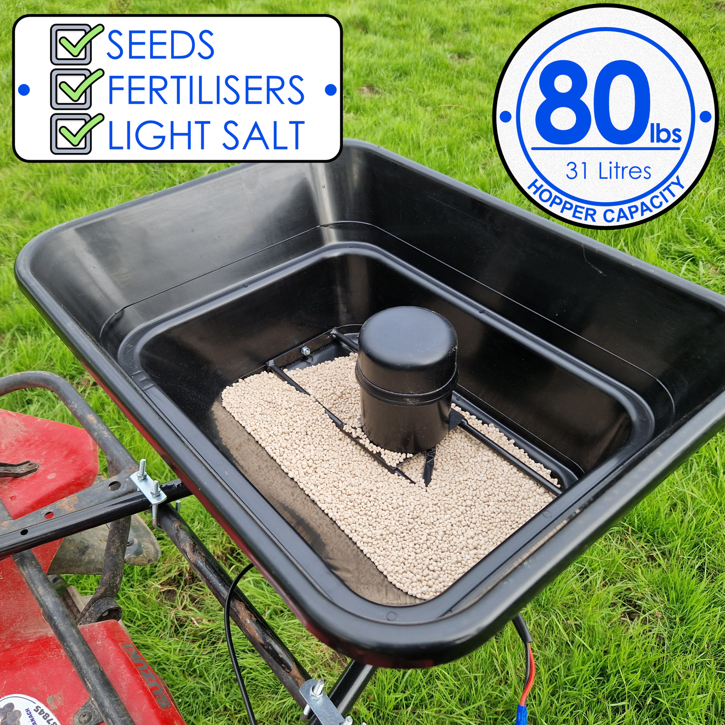 12V ATV Spreader Sower 31L Hopper 12ft Radius Fine Salt Grit Fertiliser Seed